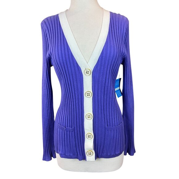 Cable & Gauge Long Sleeve Purple Ribbed Knit V-Neck White Tipped Cardigan LG NWT - Picture 1 of 8